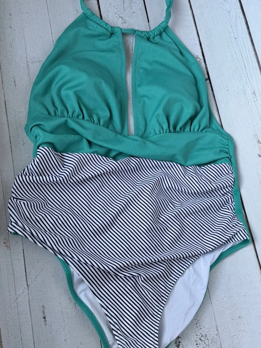 Teal Halter One-Piece Swimsuit with Navy Striped Waist - Women Swim